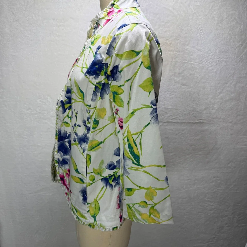 Chicos Size‎ 1 M Floral Ruffle Trim Open Front Jacket White Blue Pink Green